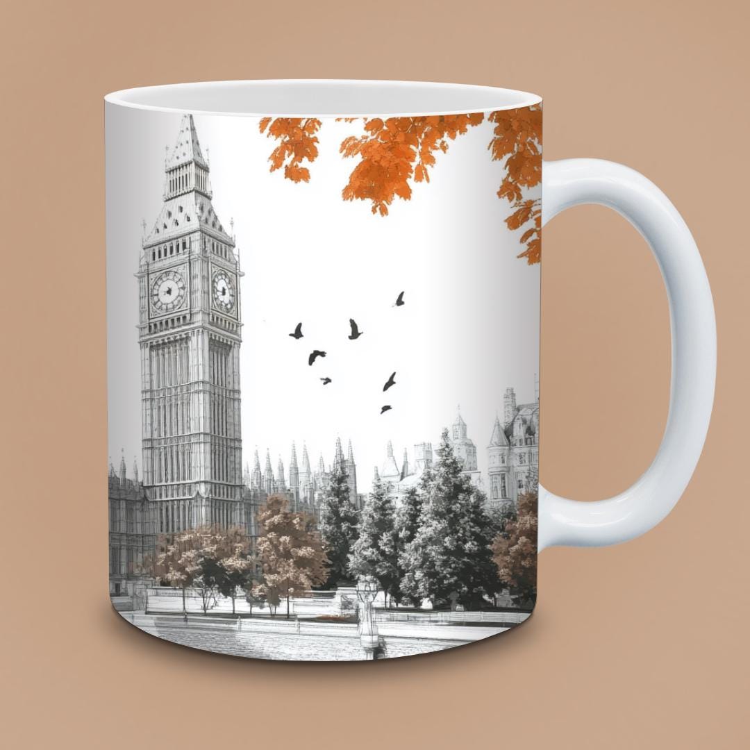 Dreamy London Skyline Mug - Big Ben & Hot Air Balloon in Autumn, Romantic Fall Gift