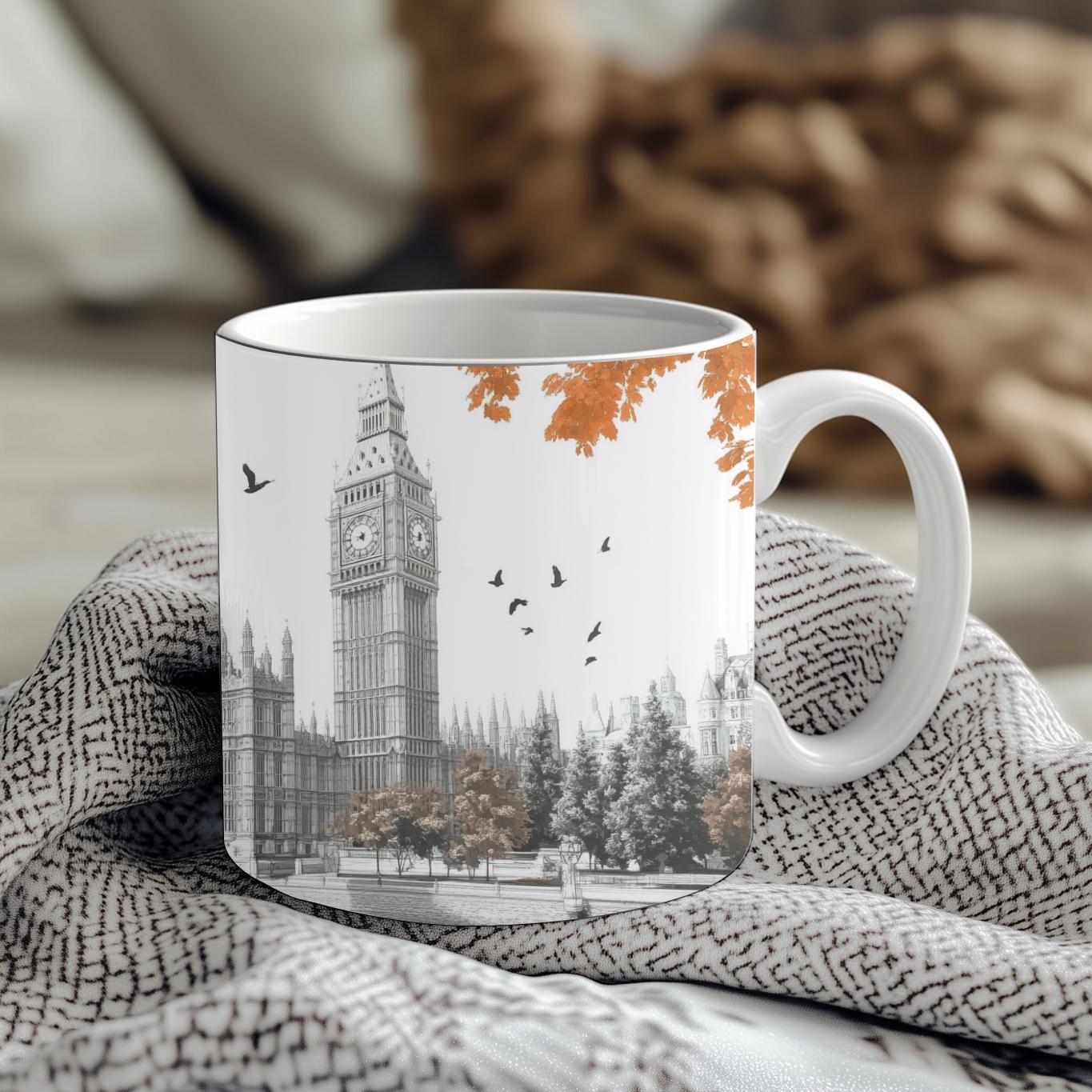 Dreamy London Skyline Mug - Big Ben & Hot Air Balloon in Autumn, Romantic Fall Gift