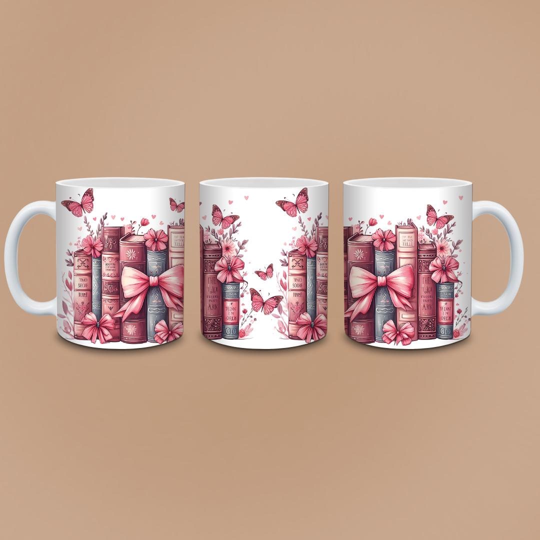 Cute Pink Bookshelf Mug - Butterflies & Bows Stacked Books