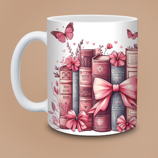 Cute Pink Bookshelf Mug - Butterflies & Bows Stacked Books