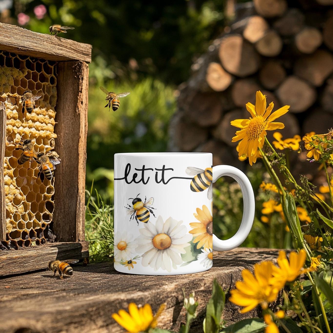 Let It Bee Mug - Bumblebees & Daisies Watercolor, Positive Bee Kind Coffee Cup