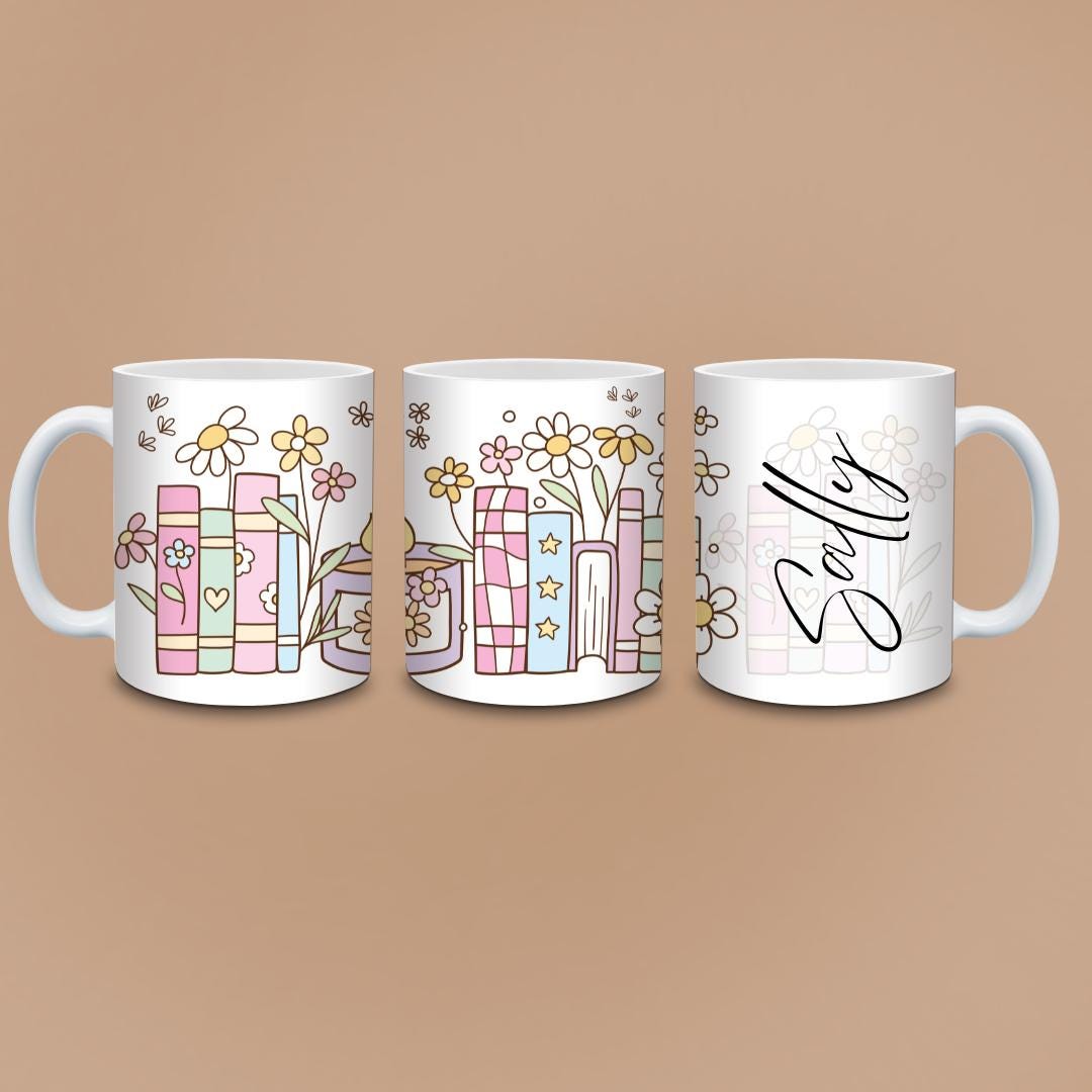 Personalised Pastel Books & Candle Mug - Cute Boho Bookshelf with Flowers