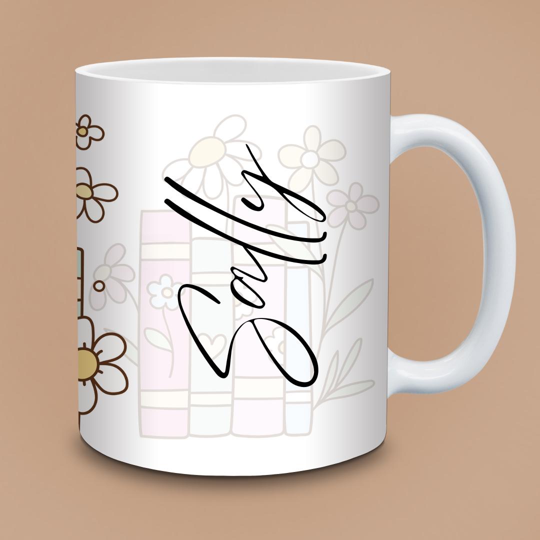 Personalised Pastel Books & Candle Mug - Cute Boho Bookshelf with Flowers
