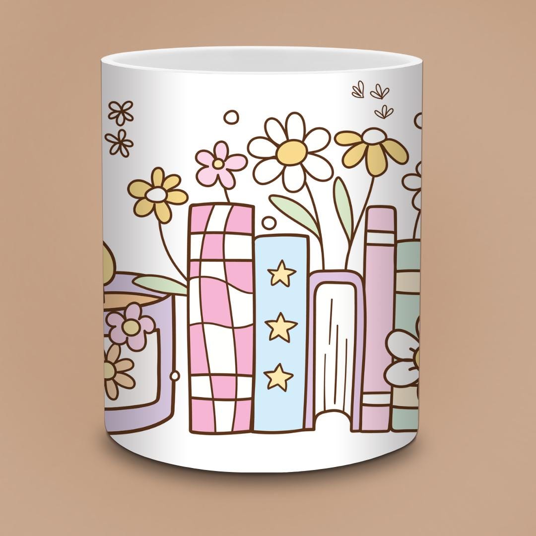 Personalised Pastel Books & Candle Mug - Cute Boho Bookshelf with Flowers