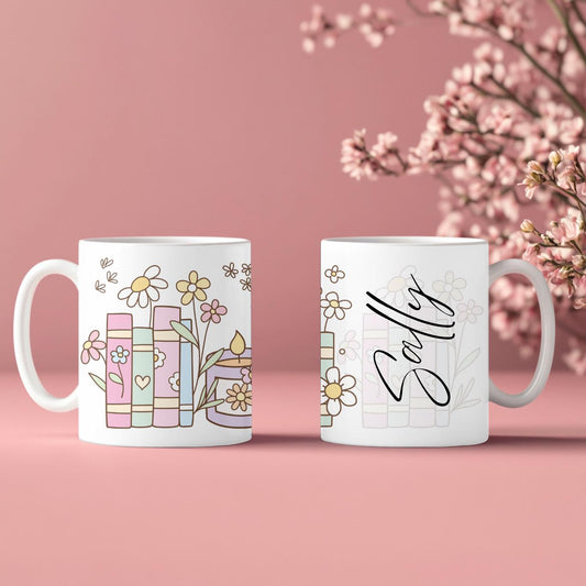 Personalised Pastel Books & Candle Mug - Cute Boho Bookshelf with Flowers