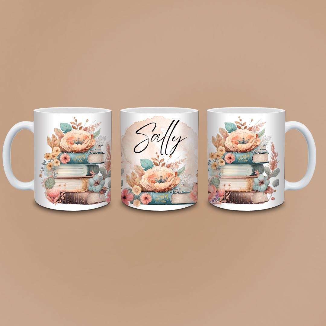 Personalised Floral Bookshelf Mug - Vintage Stacked Books with Peonies