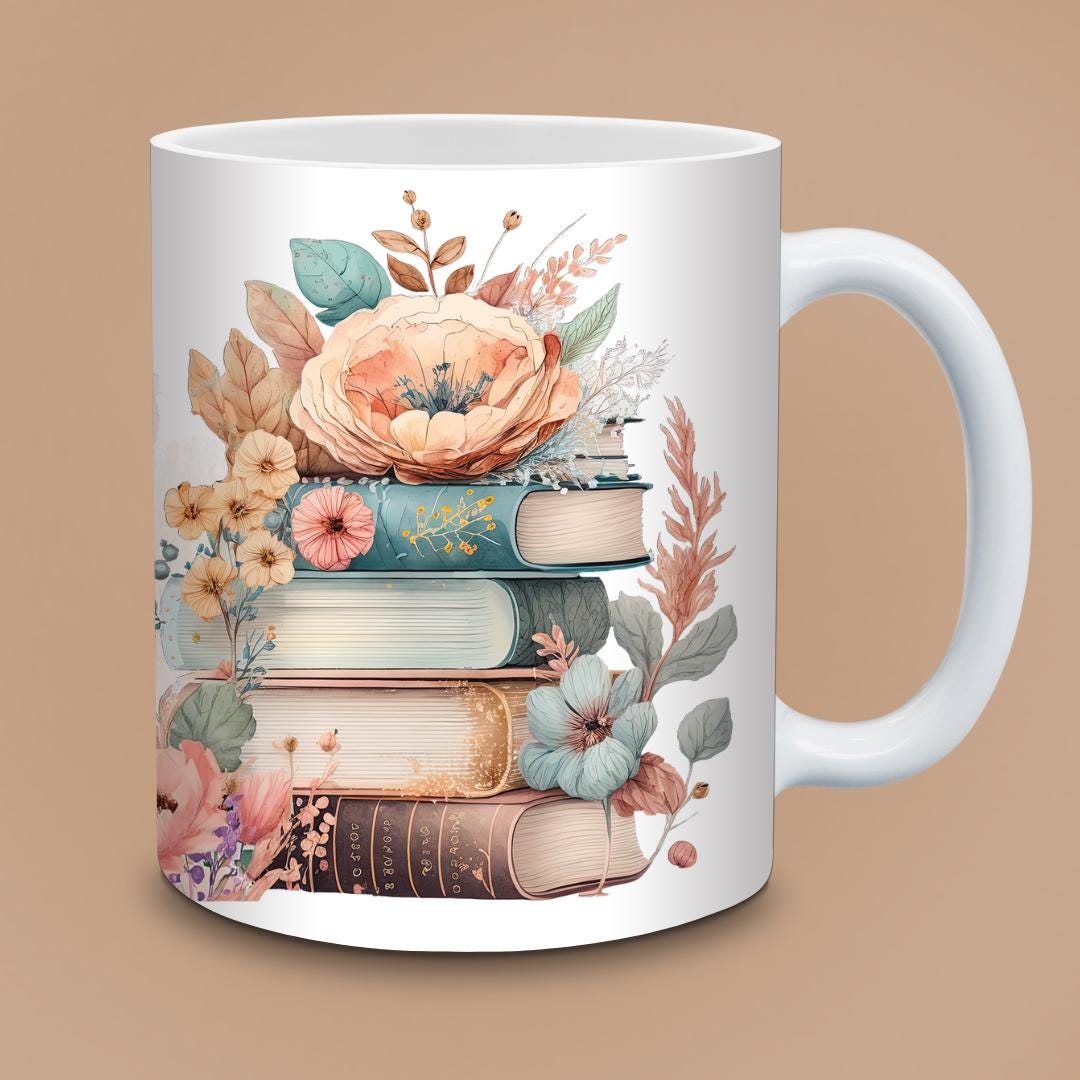 Personalised Floral Bookshelf Mug - Vintage Stacked Books with Peonies