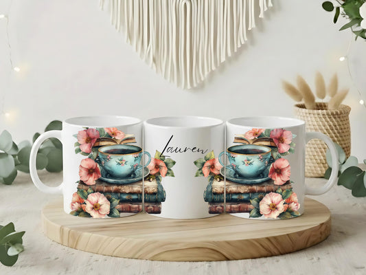Personalised Book Lover Mug - Custom Vintage Floral Coffee Cup