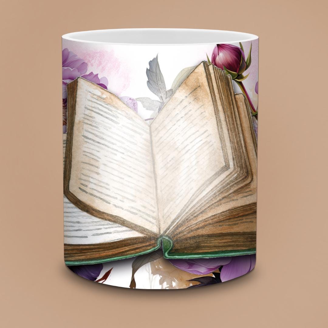 Peony Open Book Mug - Watercolor Purple Flowers & Antique Pages