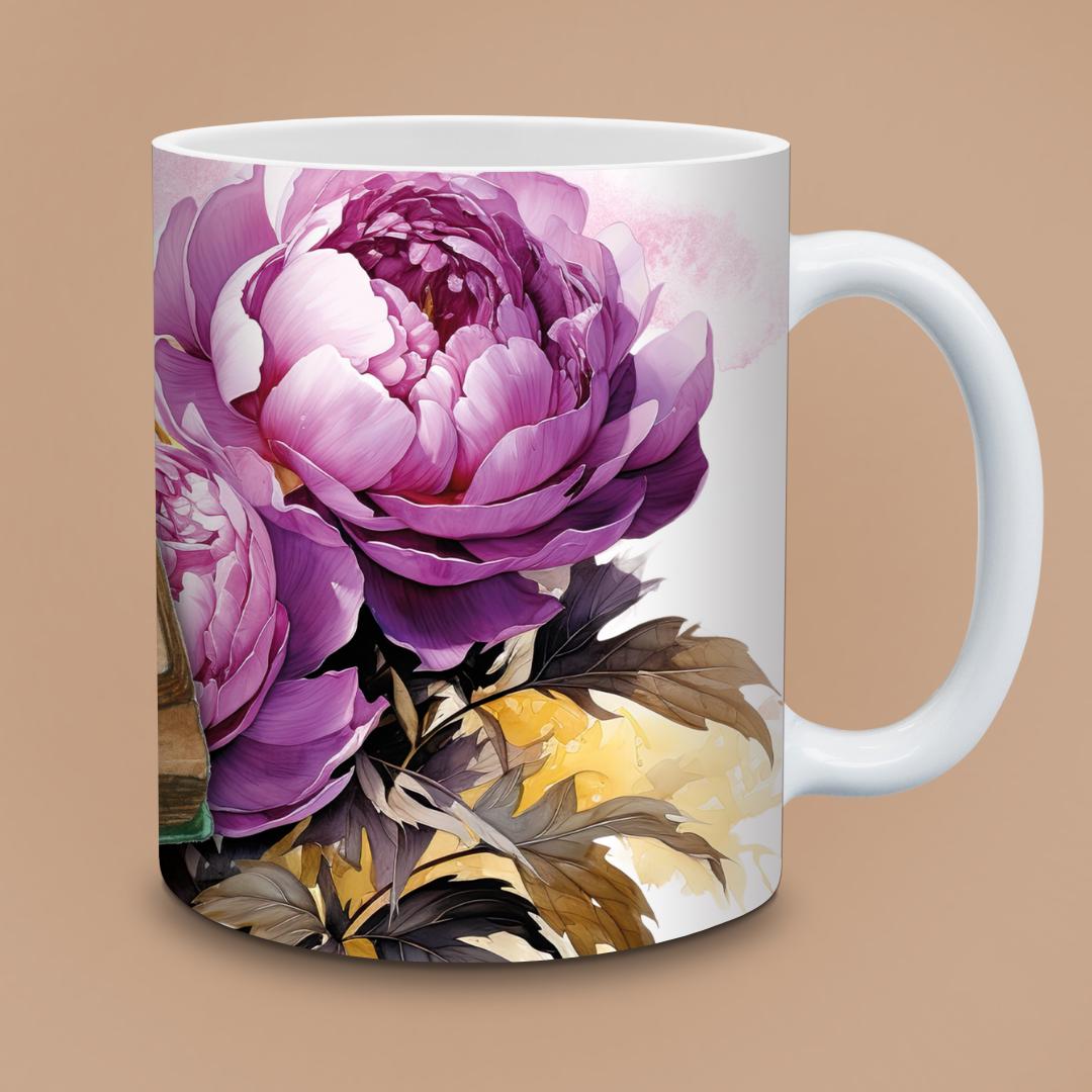 Peony Open Book Mug - Watercolor Purple Flowers & Antique Pages
