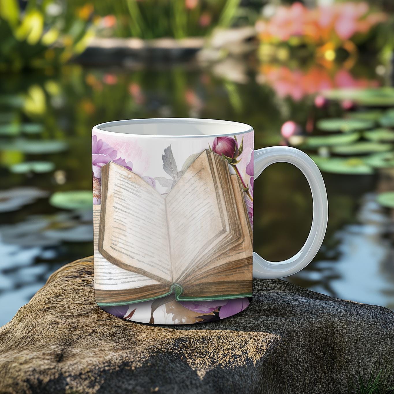 Peony Open Book Mug - Watercolor Purple Flowers & Antique Pages