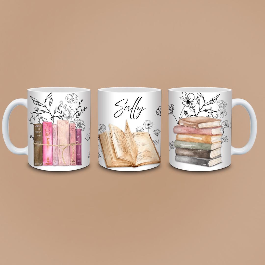 Personalised Book Lover Mug - Custom Name Floral Book Stack