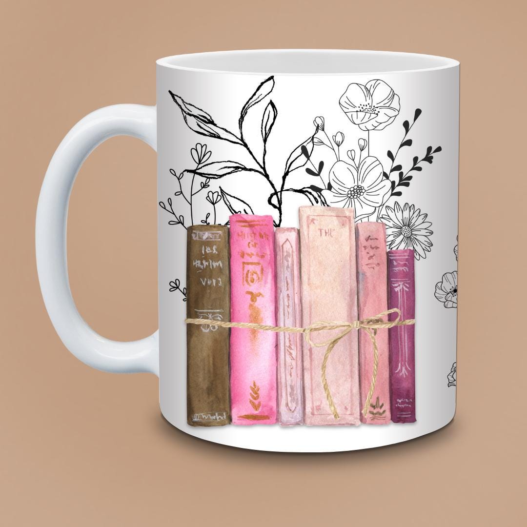 Personalised Book Lover Mug - Custom Name Floral Book Stack