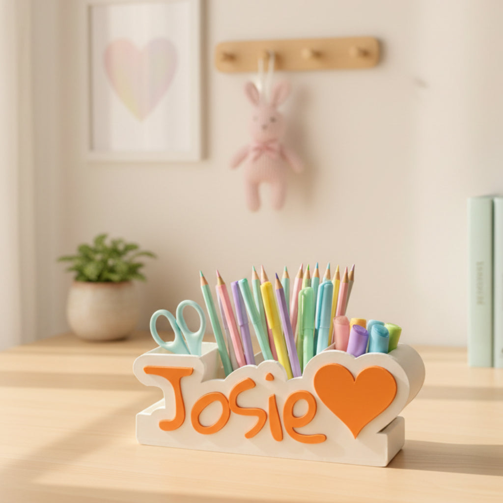 Personalised Desk Organiser – Custom Pen Pot Stationery Holder - Name & Heart Design - Kids Desk Tidy